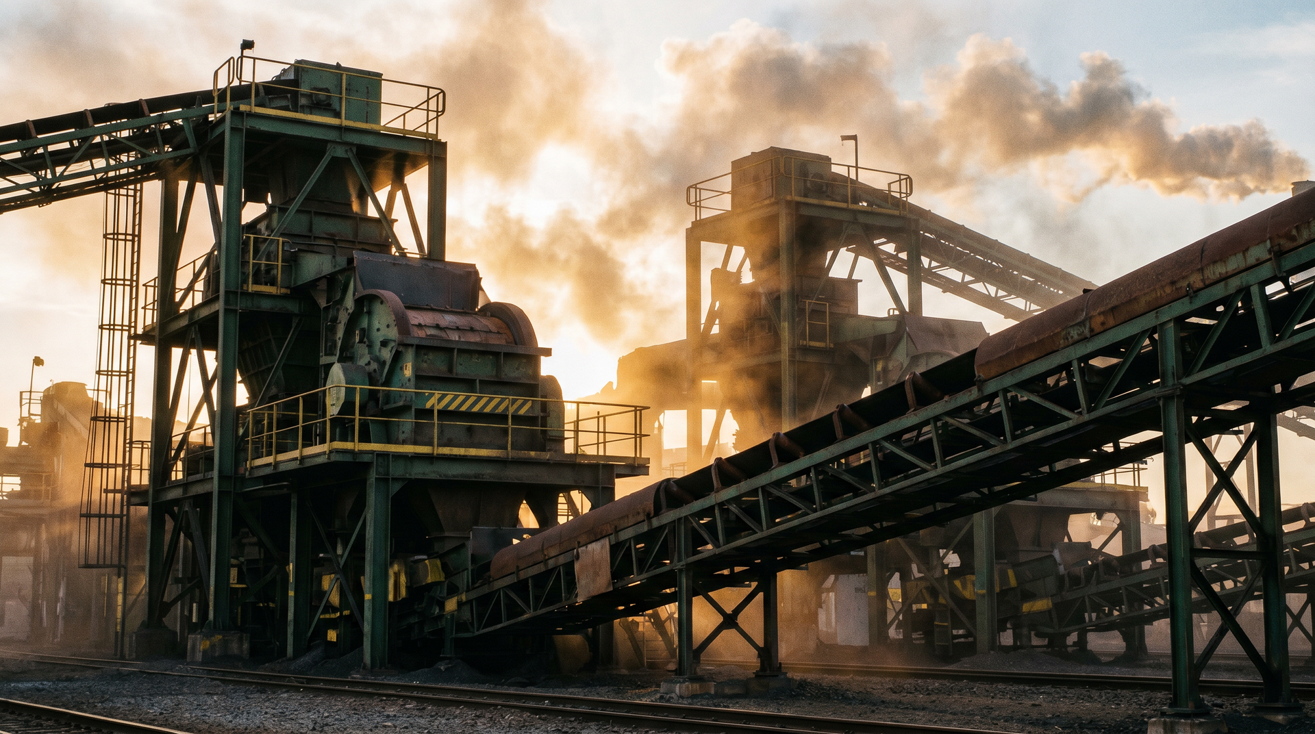 Fábrica industrial com esteiras transportadoras de aço e chaminés expelindo fumaça densa ao pôr do sol.