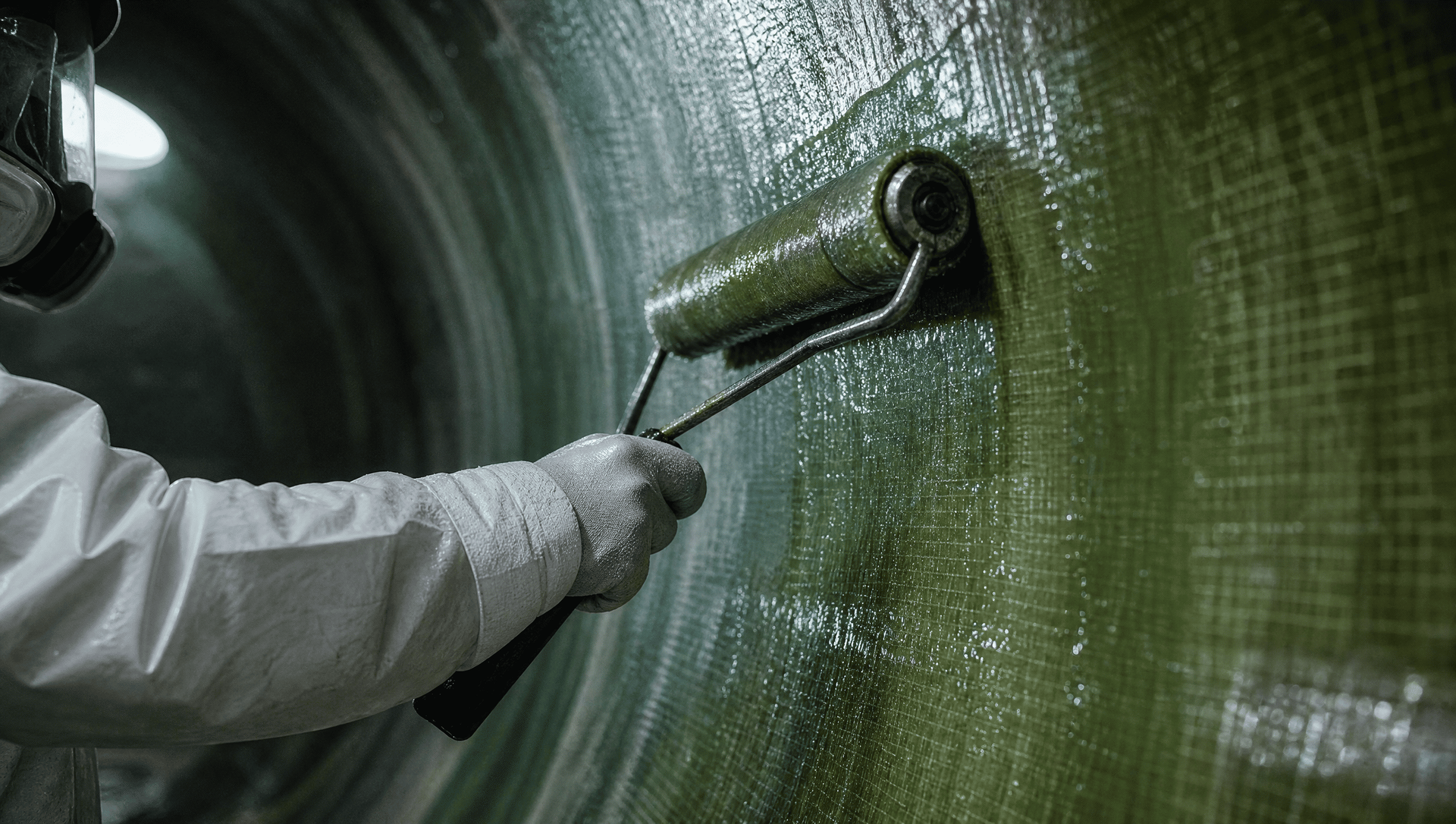 Operário pintando um grande tanque industrial verde com um rolo dentro de um túnel escuro.