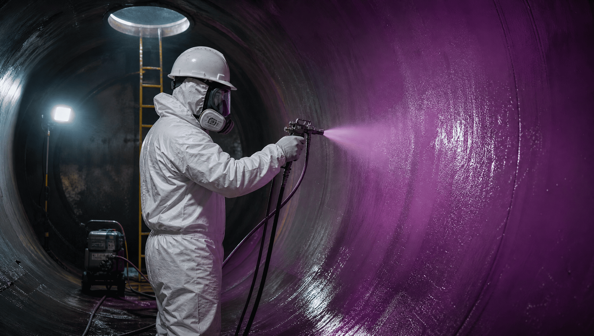 Operário com traje de proteção branco aplicando revestimento dentro de um grande tubo industrial roxo.