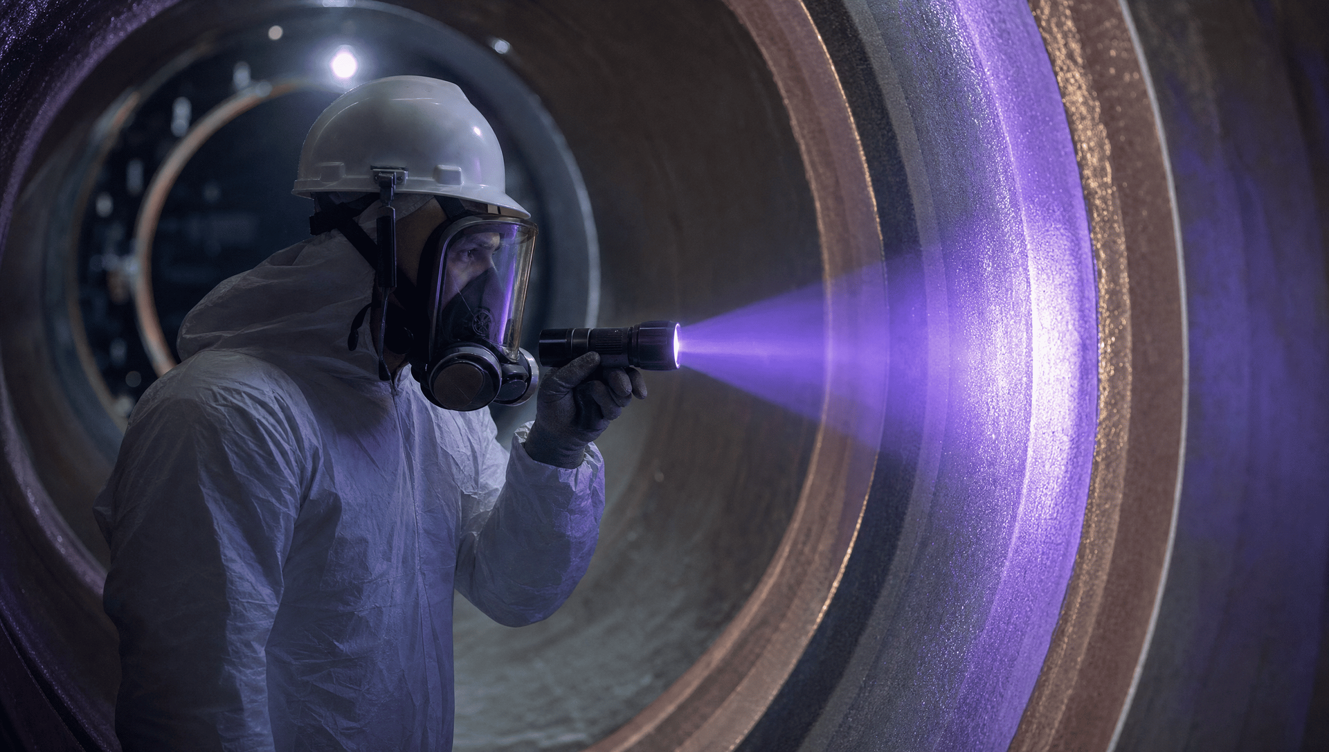 Operário com roupa de proteção pintando com tinta spray o interior de um grande tubo de metal; névoa de tinta roxa é visível.