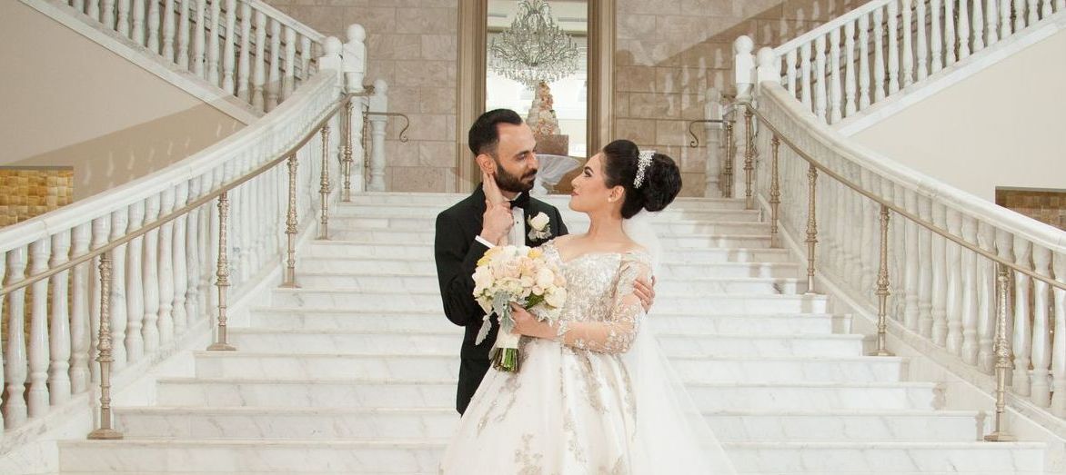 Bridal couple on stairs