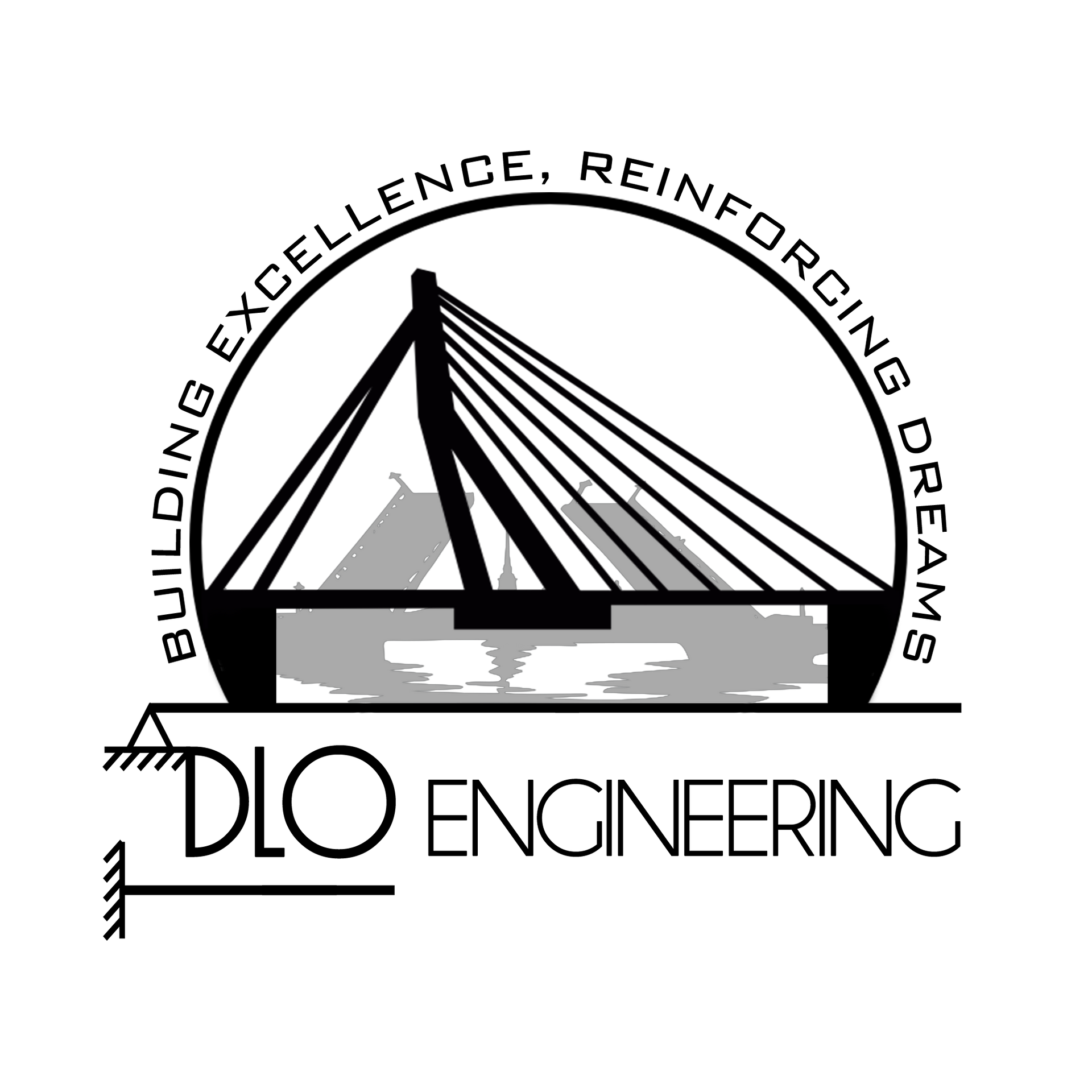 Logo van DLO Engineering: een kabelbrug in een cirkel, met de tekst "Building Excellence, Reinforcing Dreams".