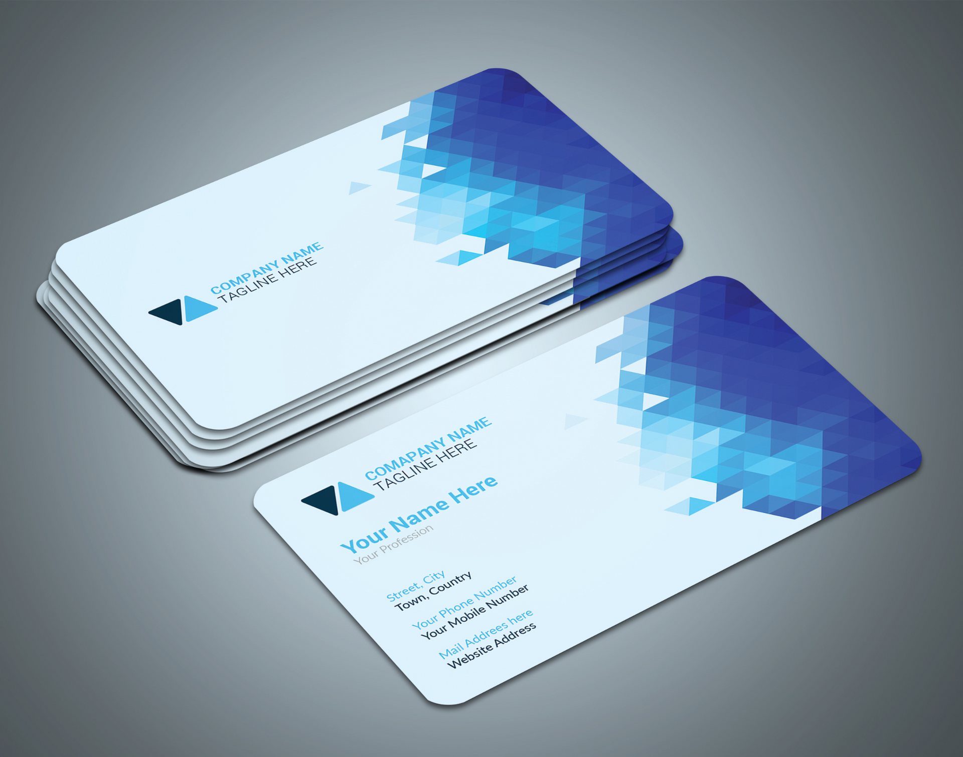 Two business cards are stacked on top of each other on a gray surface.