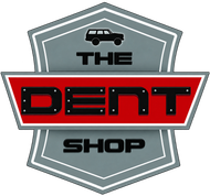 The Dent Shop logo with red and gray shield and black car icon