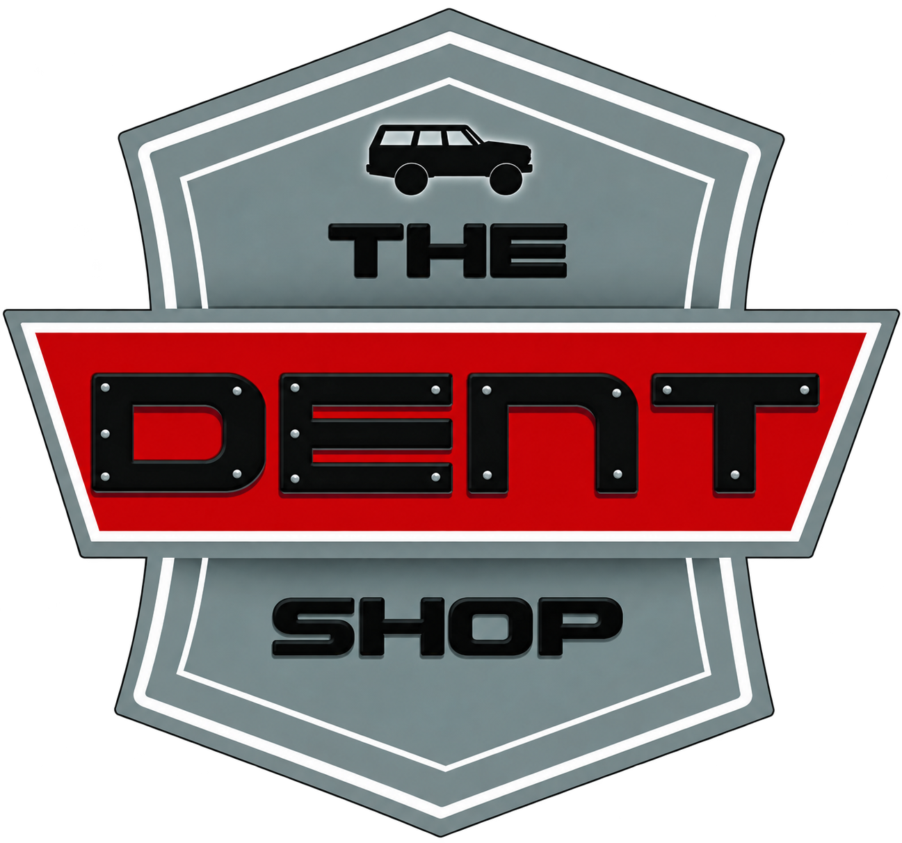 The Dent Shop logo with red and gray shield and black car icon