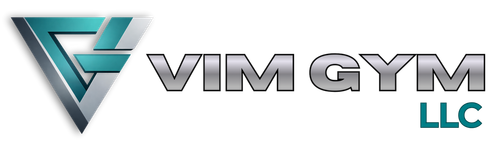 Logo for Vim Gym LLC: teal and gray abstract design with 