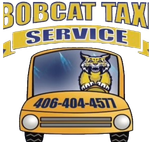 Yellow taxi with bobcat driver; "Bobcat Tax Service" logo; phone number 406-404-4577.