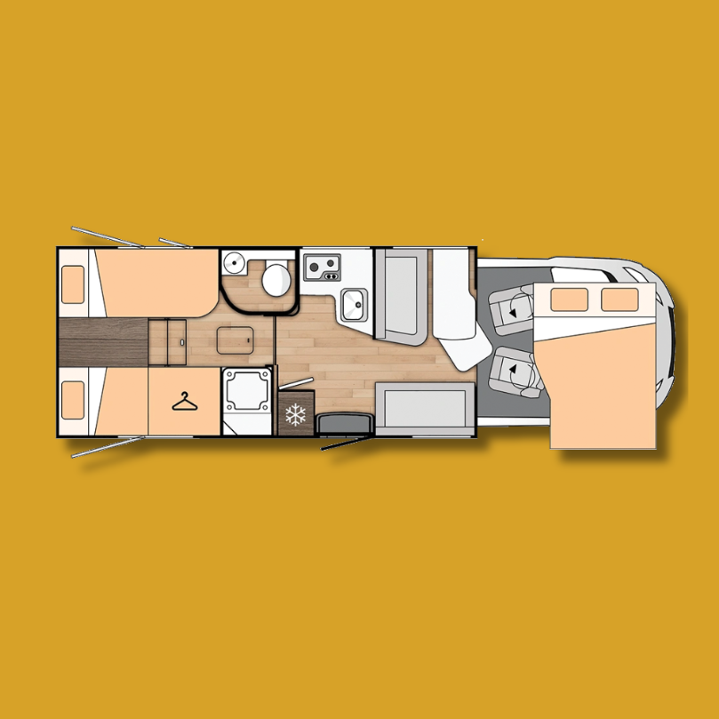 Plattegrond van een camper met slaapkamers, badkamer, keuken en zithoek.