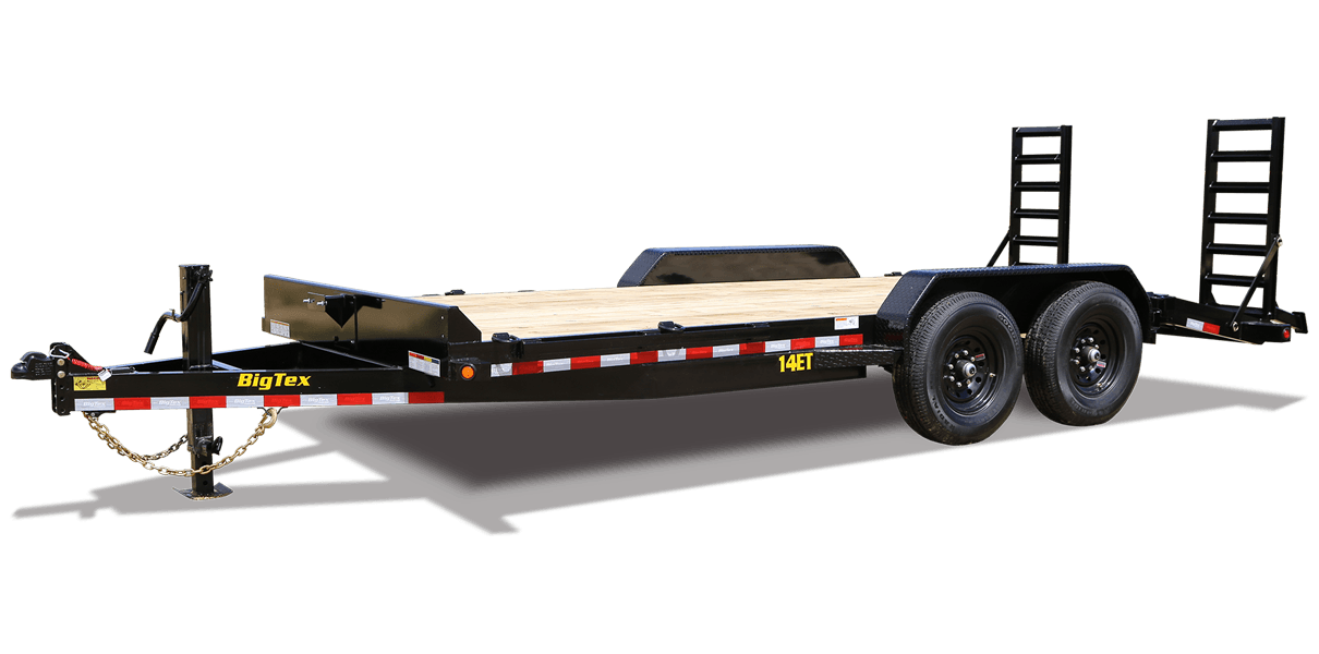 A flatbed trailer with a ramp attached to it on a white background.