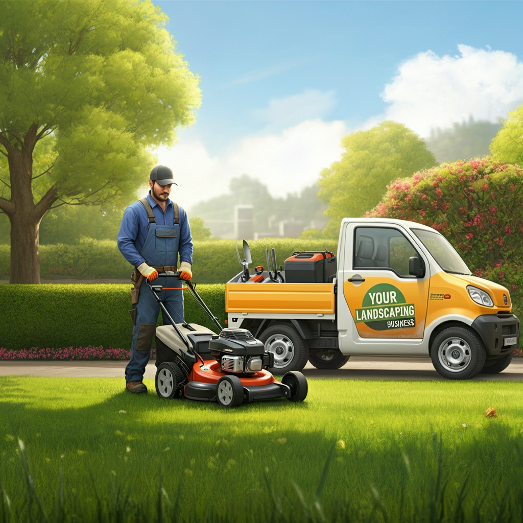 A man is mowing a lawn next to a truck that says your lawn service