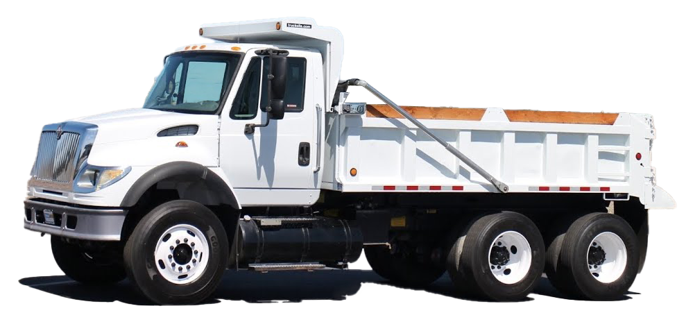 A white dump truck is parked on a white background.