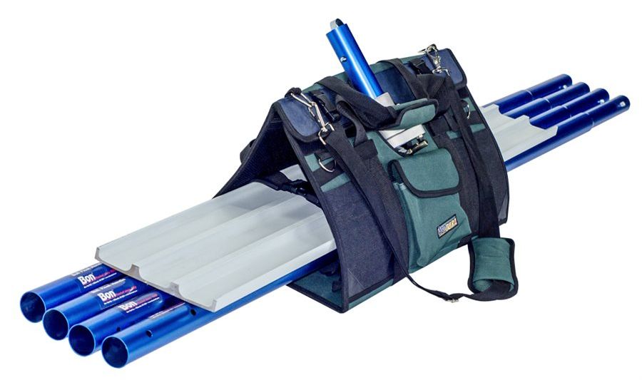 A bag with a bunch of blue pipes in it