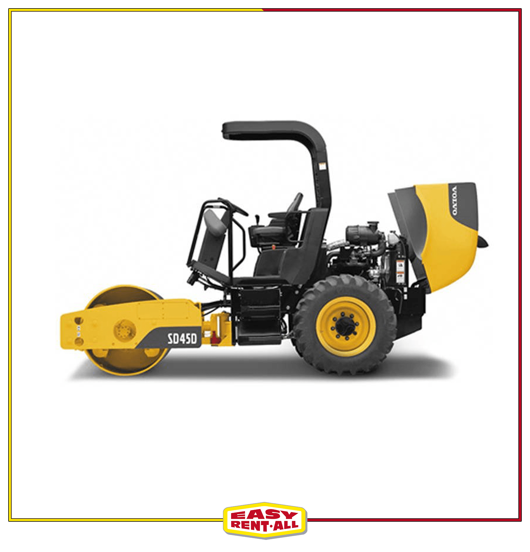 A yellow and black road roller on a white background.