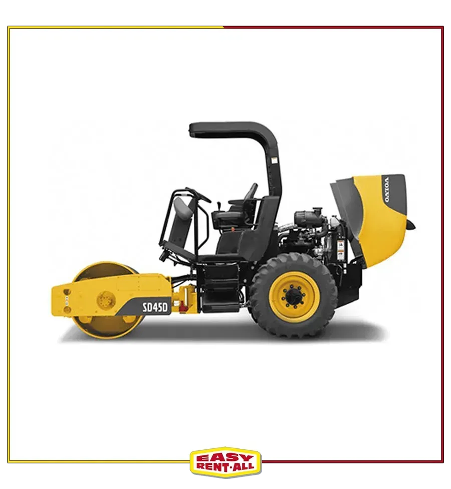 A yellow and black road roller on a white background.