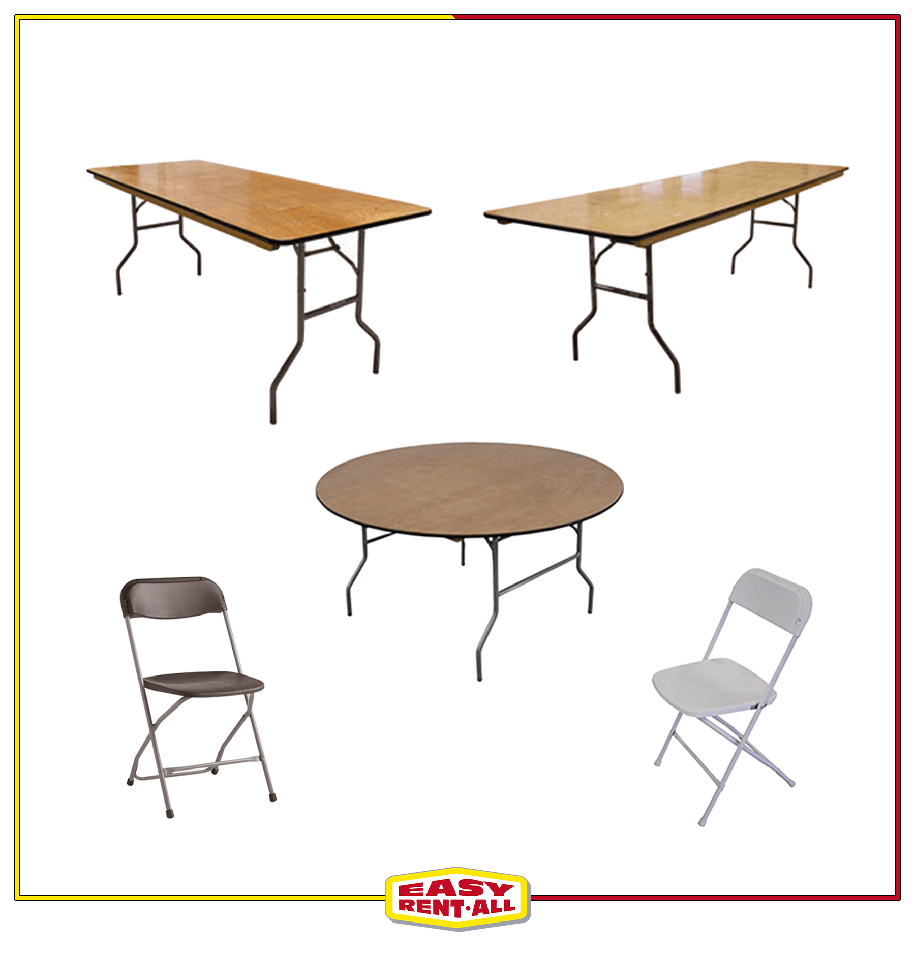 A group of folding tables and chairs on a white background.