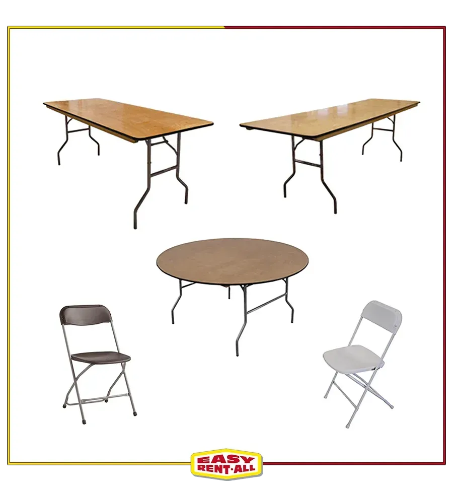A group of folding tables and chairs on a white background.