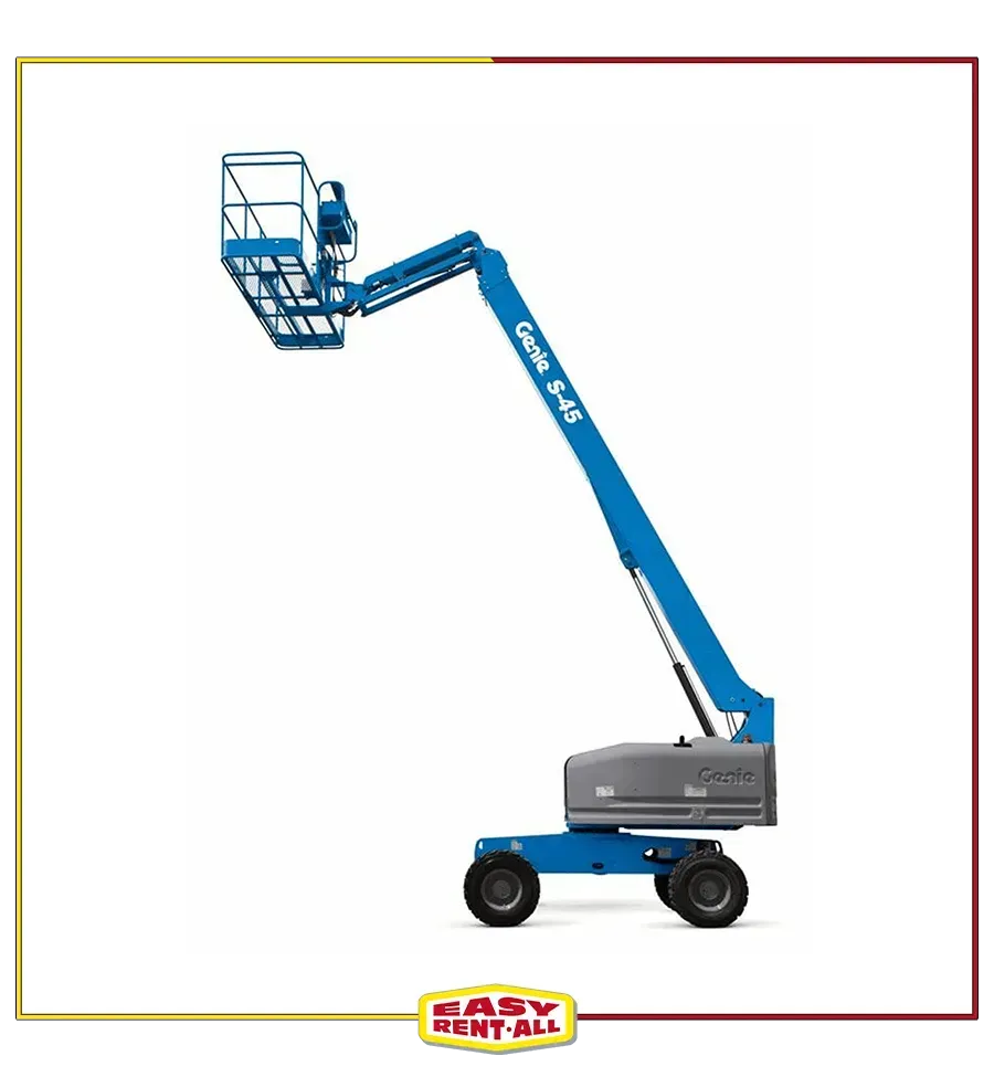A blue aerial lift with a basket on top of it.