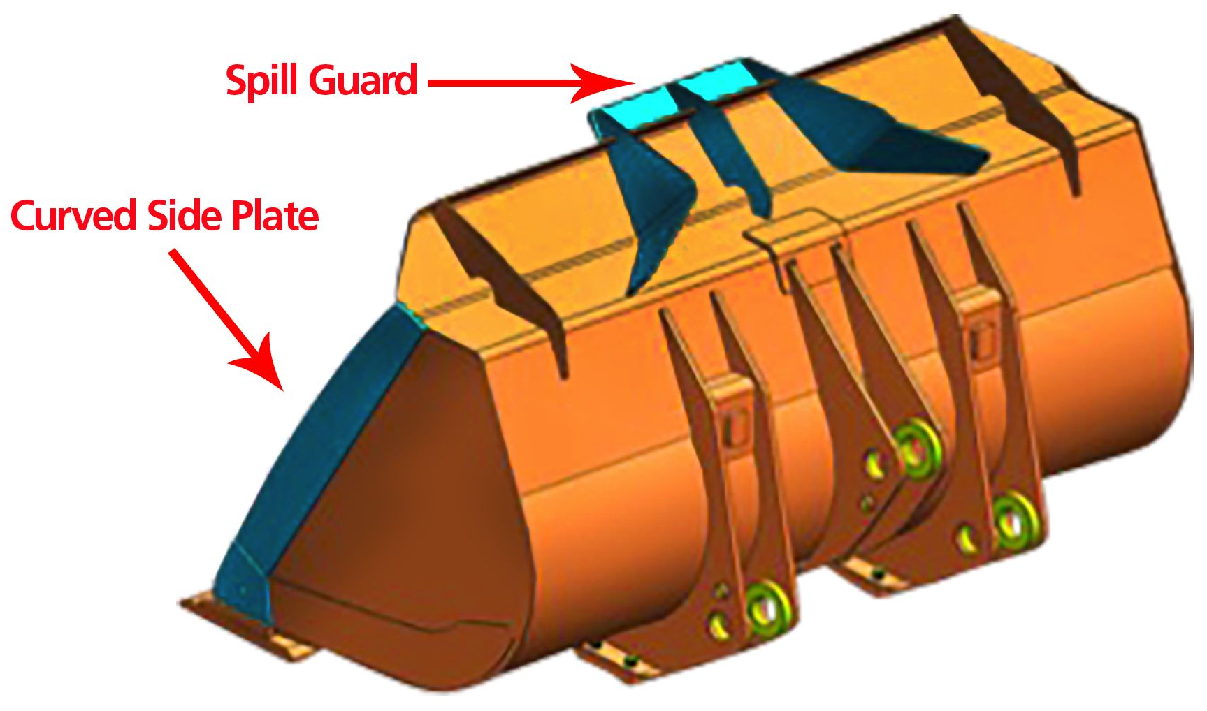 A diagram of a bucket with a spill guard and curved side plate