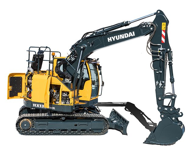 A yellow and black hyundai excavator with a large bucket on a white background.