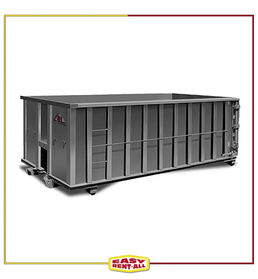 A large gray dumpster with wheels on a white background.