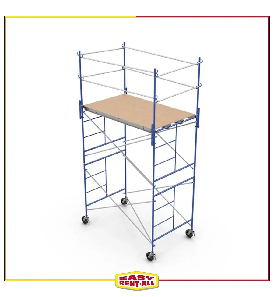 A blue scaffolding with wheels and a wooden platform.