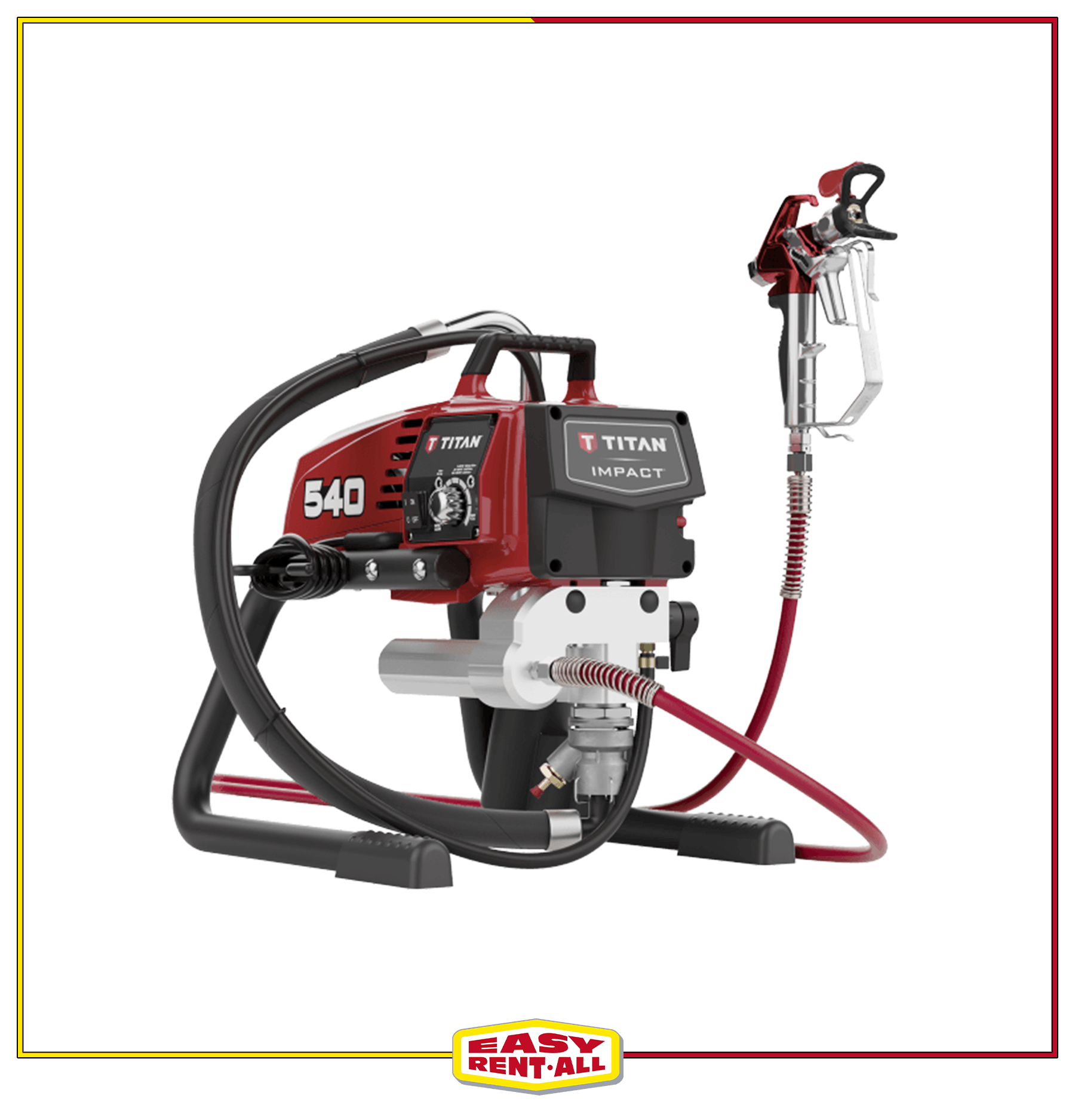 A red and black paint sprayer with a hose attached to it.