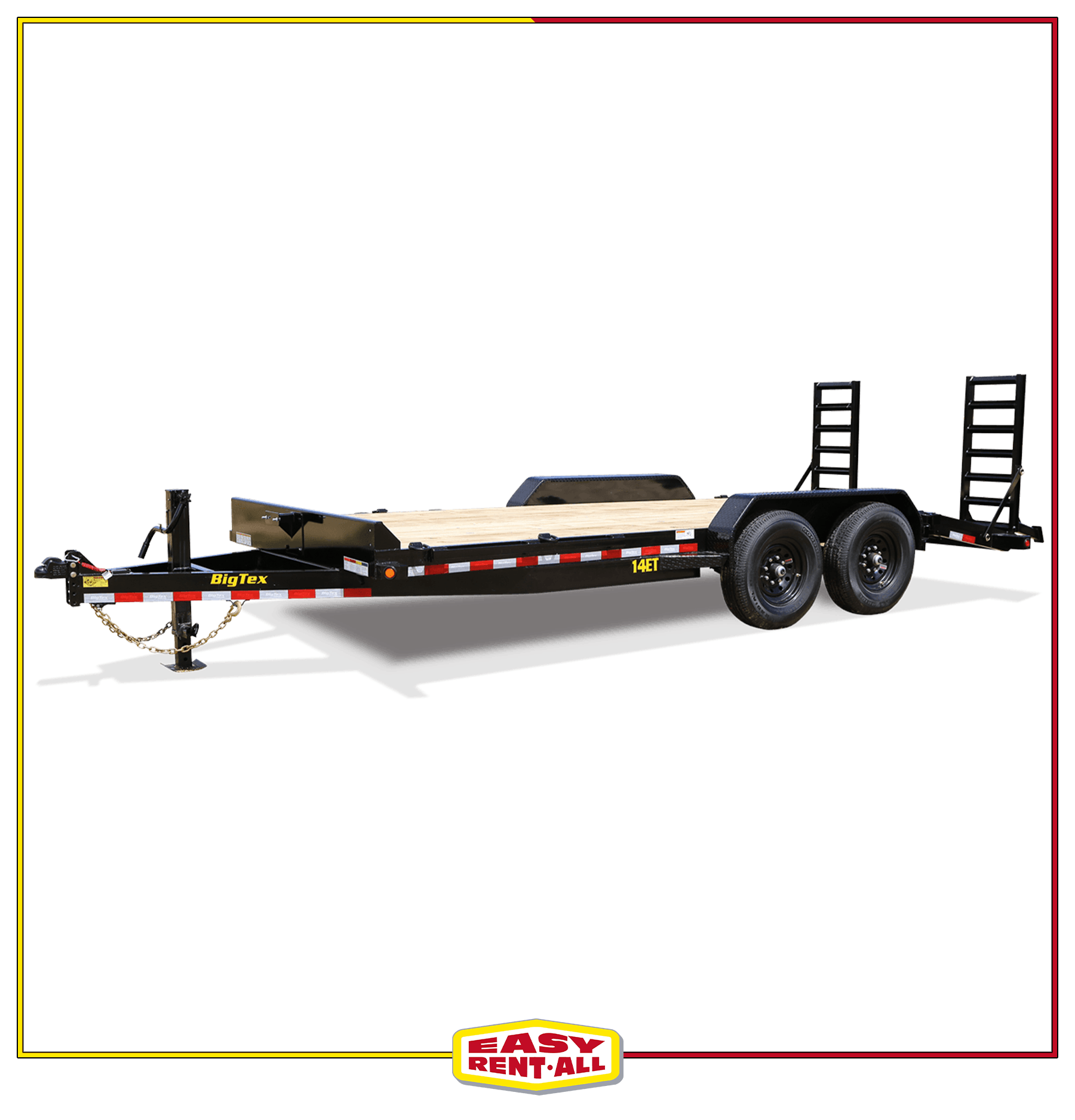 A flatbed trailer with a ramp attached to it on a white background.