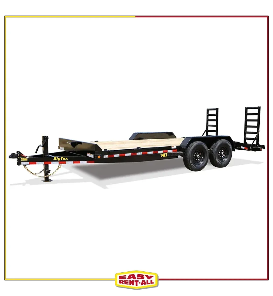 A flatbed trailer with a ramp attached to it on a white background.