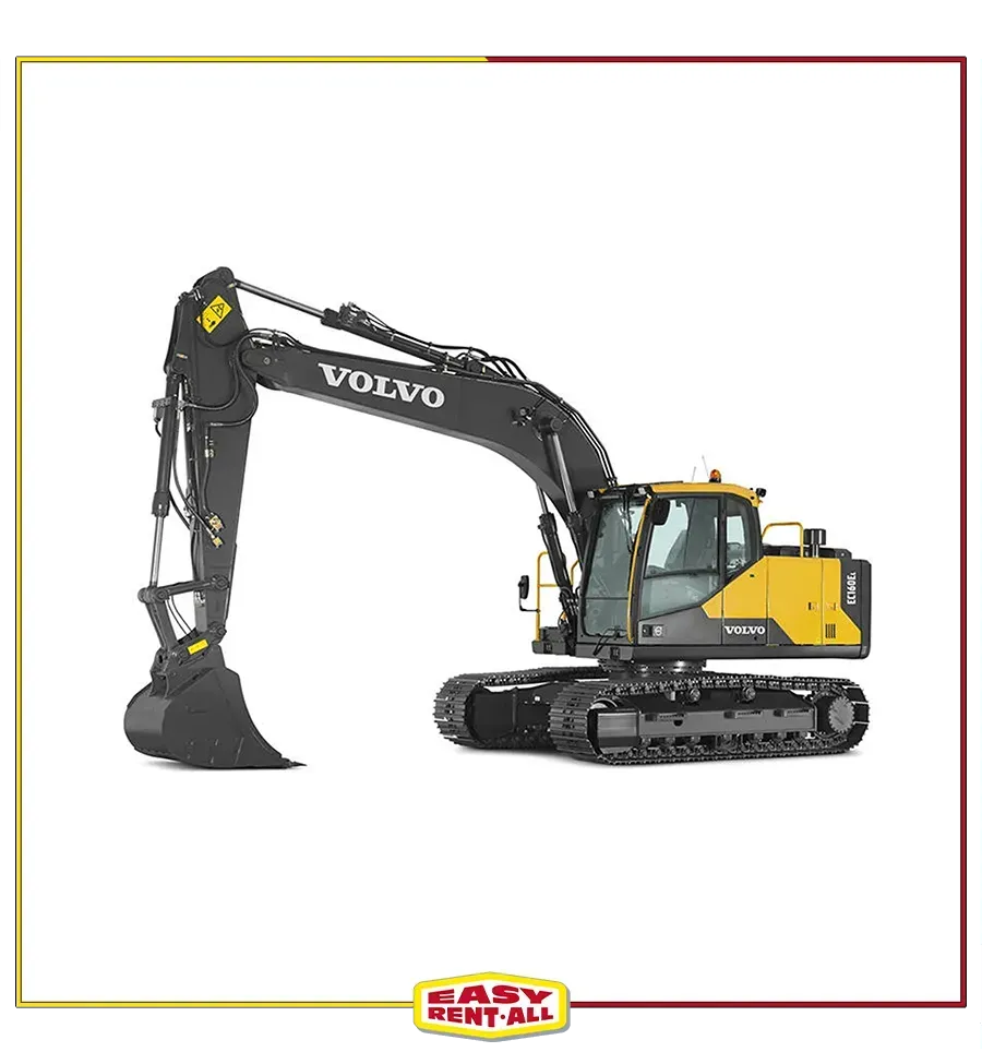 A volvo excavator with a large bucket on a white background.