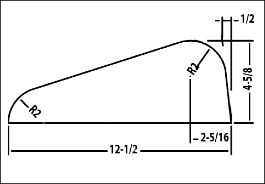 A black and white drawing of a curve with measurements.