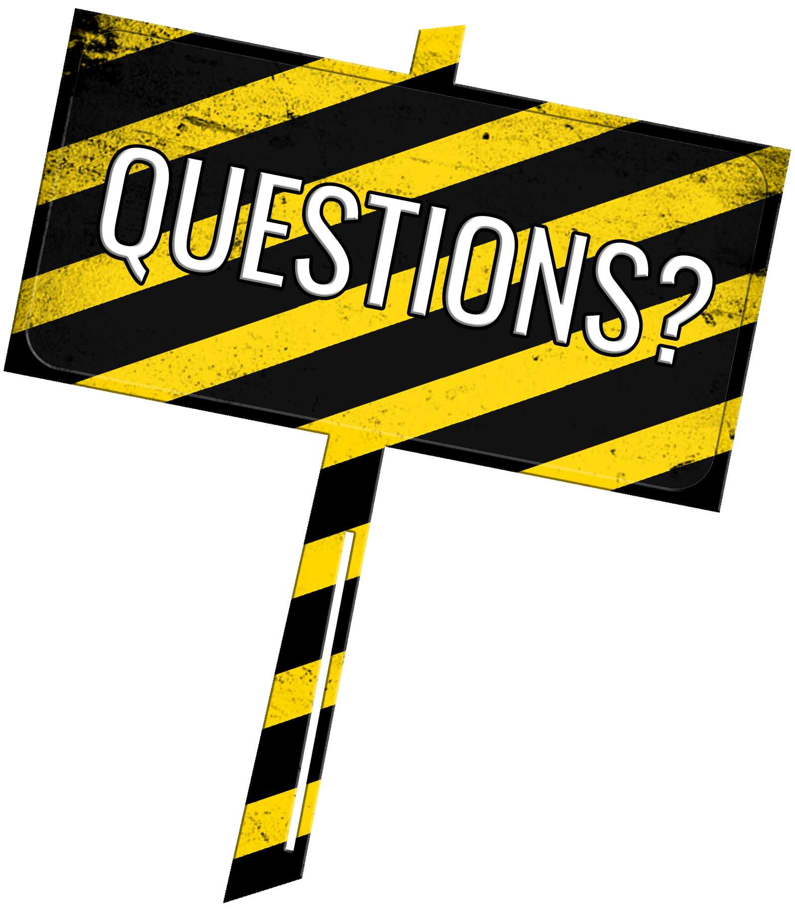 A yellow and black sign that says questions on it