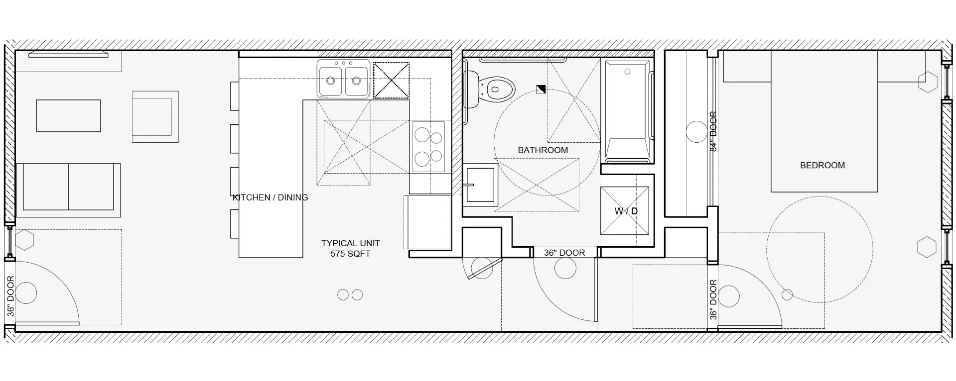 Black-and-white architectural floor plan of a small apartment with rooms, doors, furniture, and measurements.