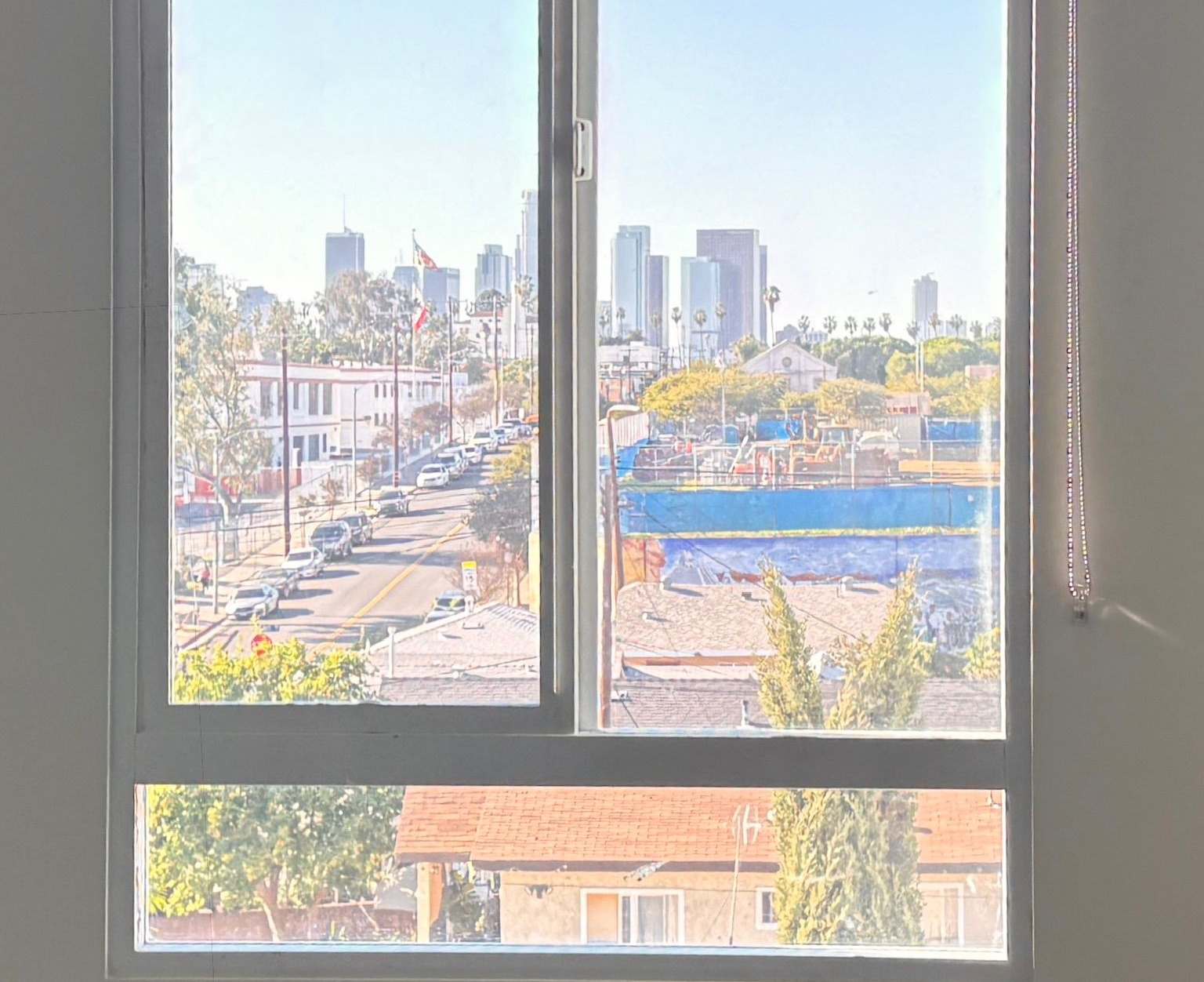 Downtown Los Angeles skyline view from window