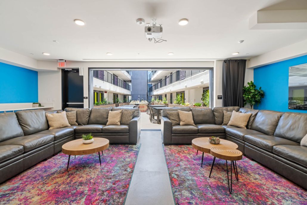 Modern lounge with gray sectional sofas, colorful rugs, and large mural-style wall art in a bright room