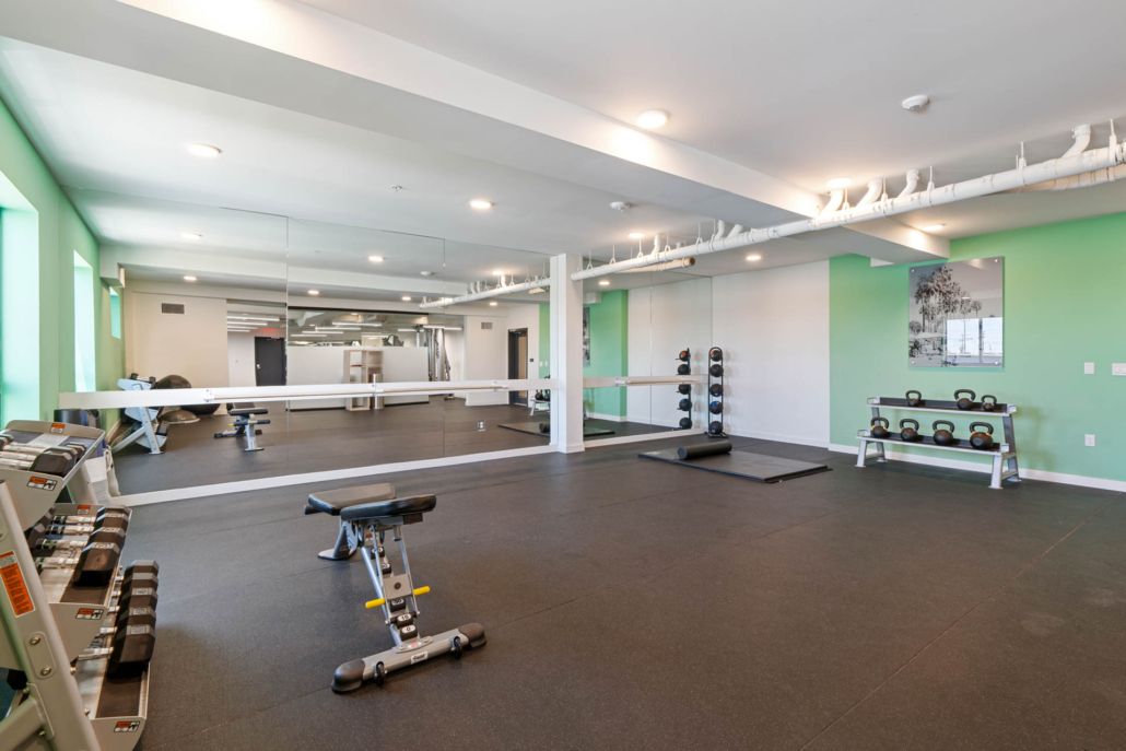 Bright modern gym with weights, mirrors, and exercise equipment on a dark floor