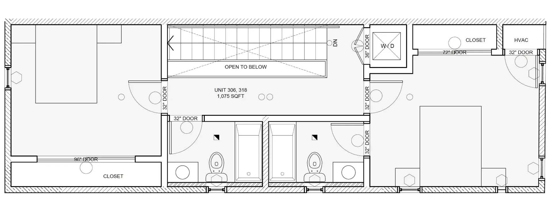 Black-and-white architectural floor plan of an apartment with multiple rooms and a central hallway.