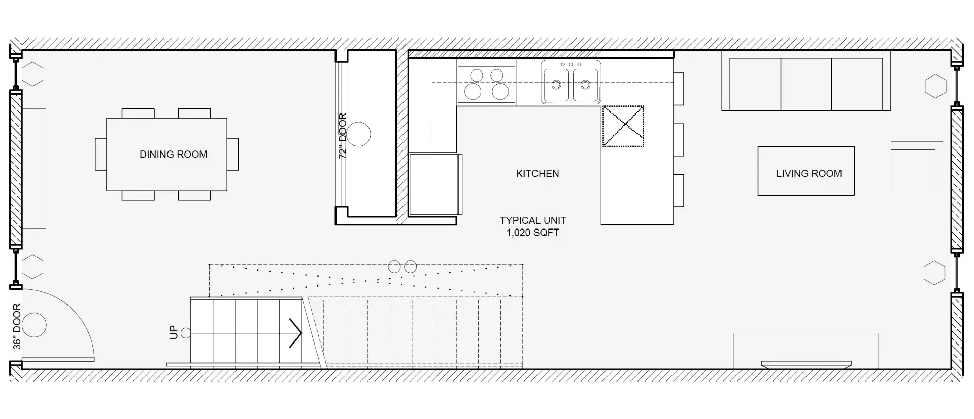 Black-and-white floor plan of a rectangular apartment with labeled rooms, doors, and furniture layout