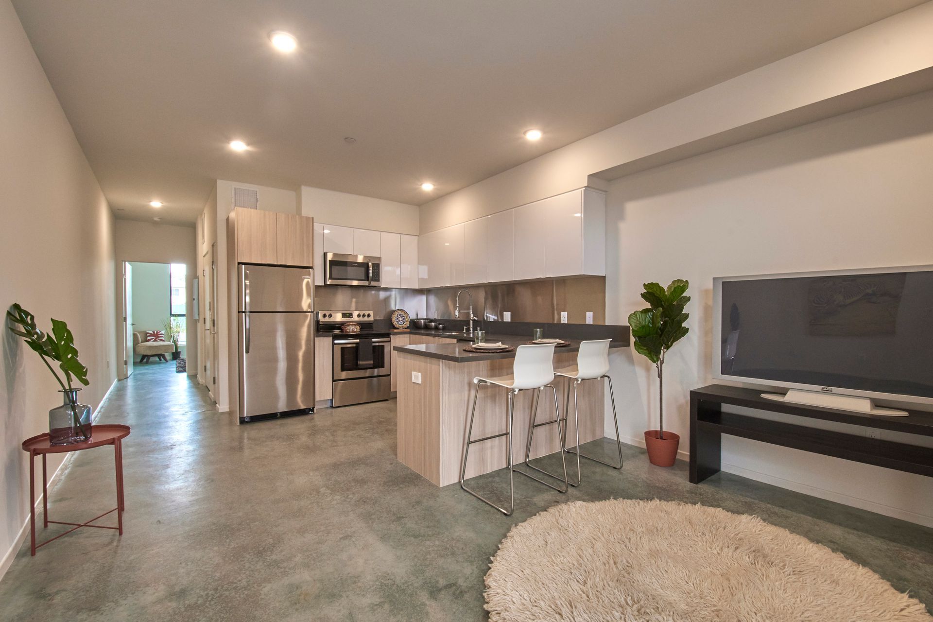 Modern open-plan kitchen and living room with island, stainless appliances, TV, and round rug