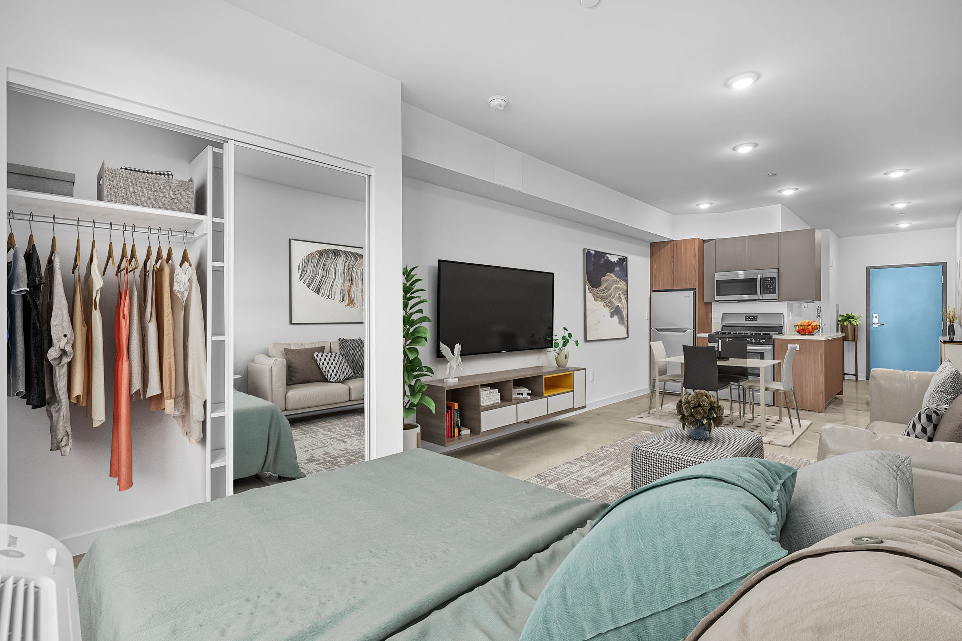  Living room and bedroom in a small apartment.