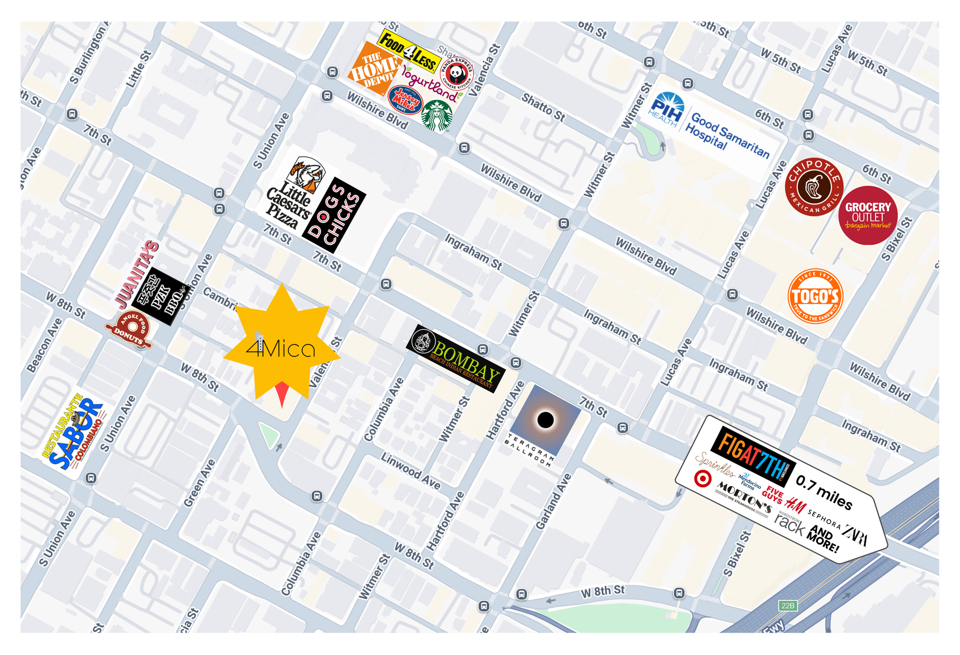 Map with pinpoints for various businesses and a marked location labeled 