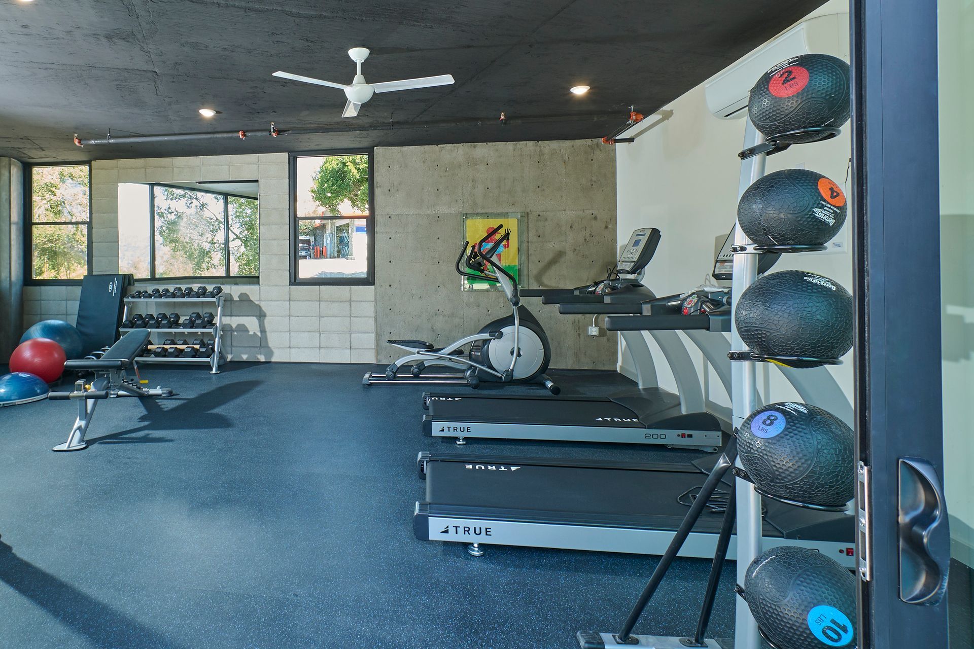 A gym with treadmills and exercise balls