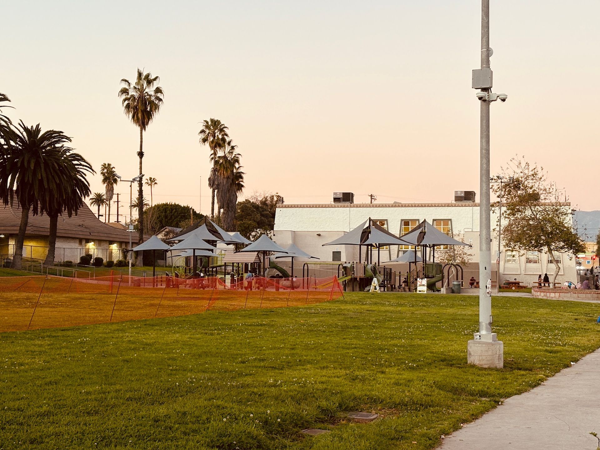 Park scene: grass, palm trees, covered picnic tables, building, and a pink sky.