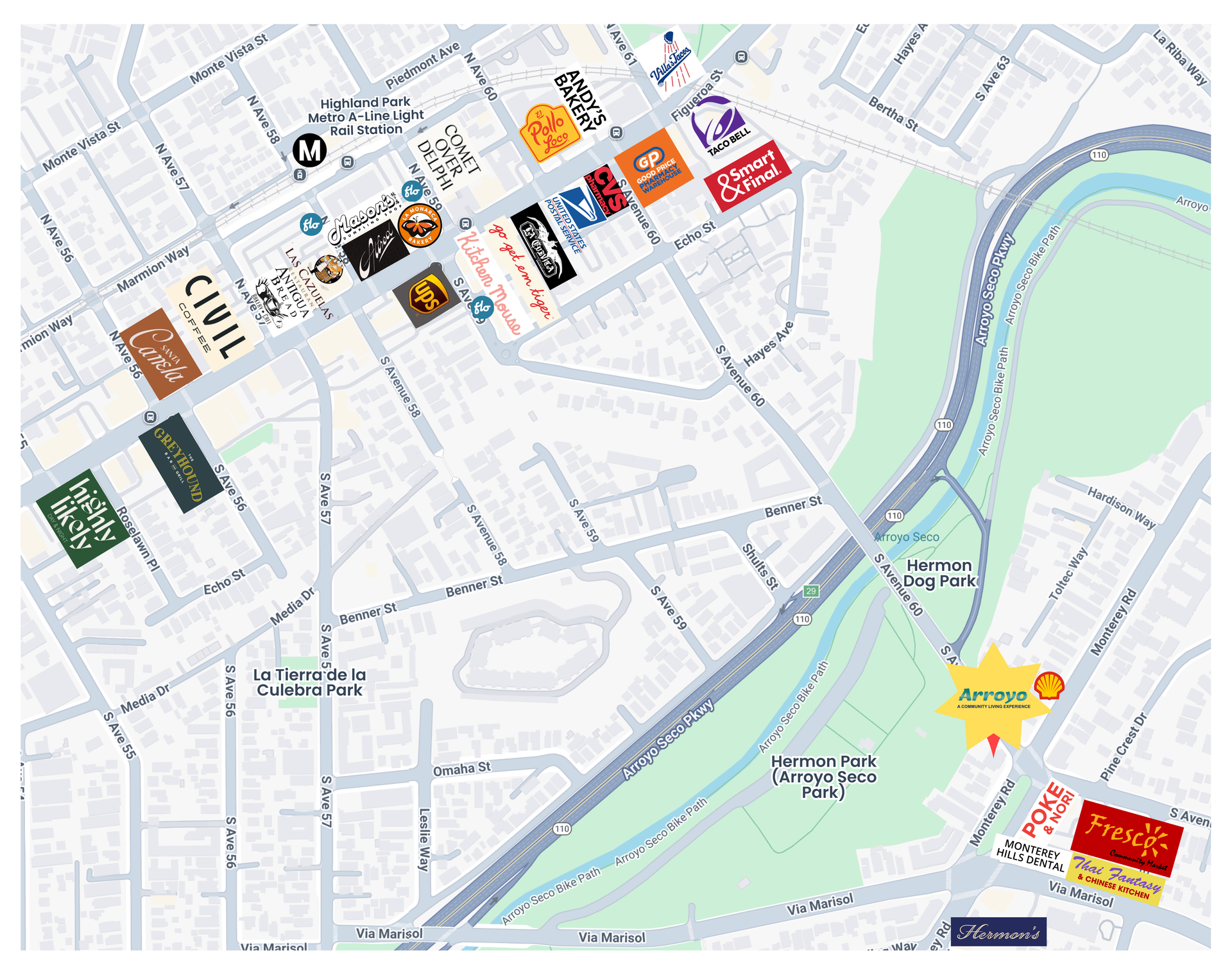 Map of an area, showing various businesses and a park, with a highlighted star marking a location.