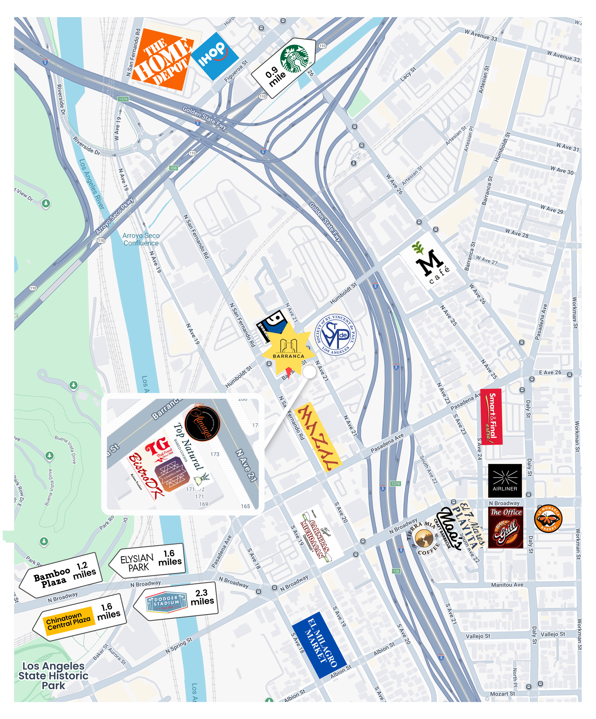Map-like layout of a city rail area with multiple colored labels and route lines