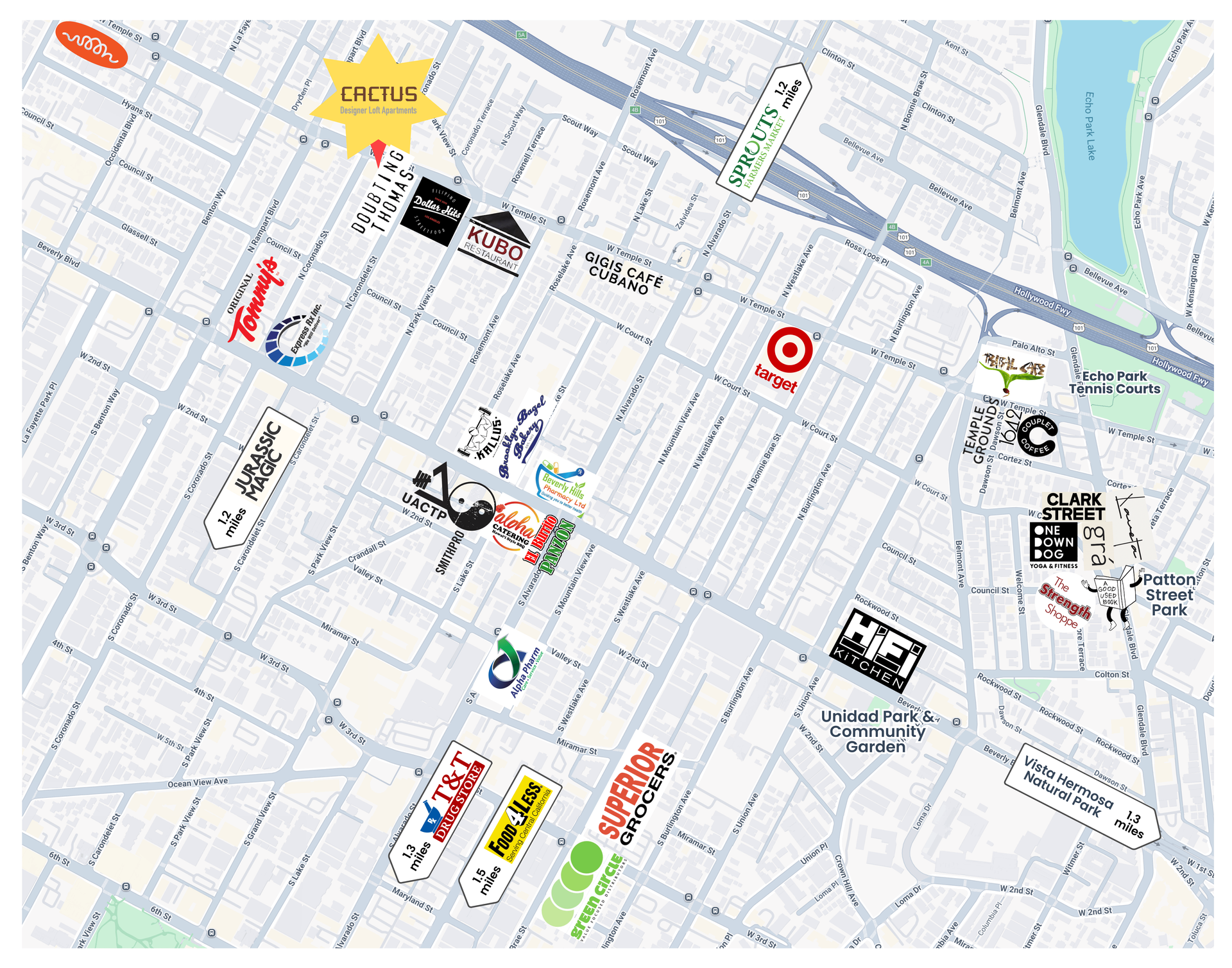 Map with store logos, including Target, Cactus, and restaurants, indicating locations.