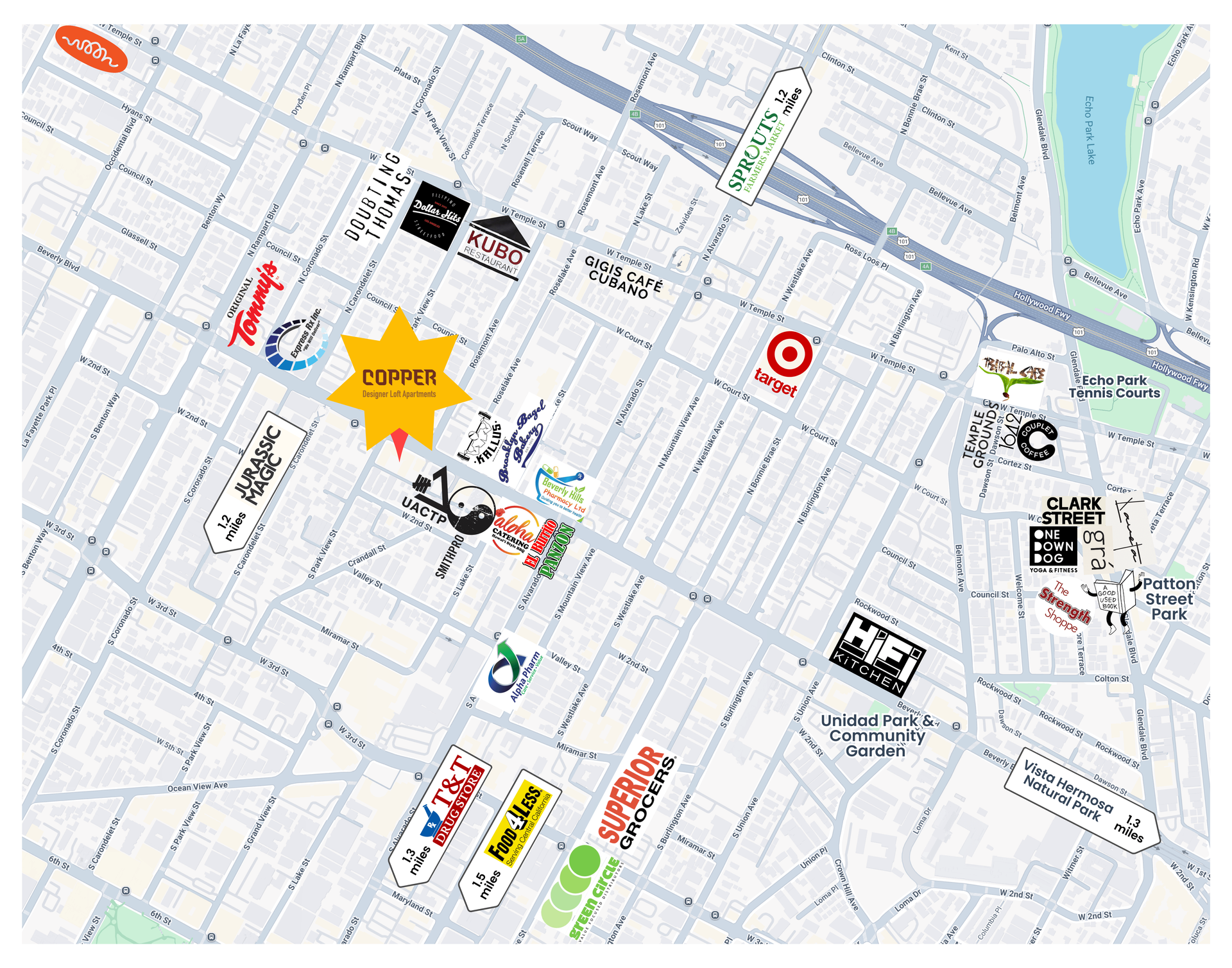 Stylized city map with colorful icons, a yellow starburst label, and a red location pin near a river