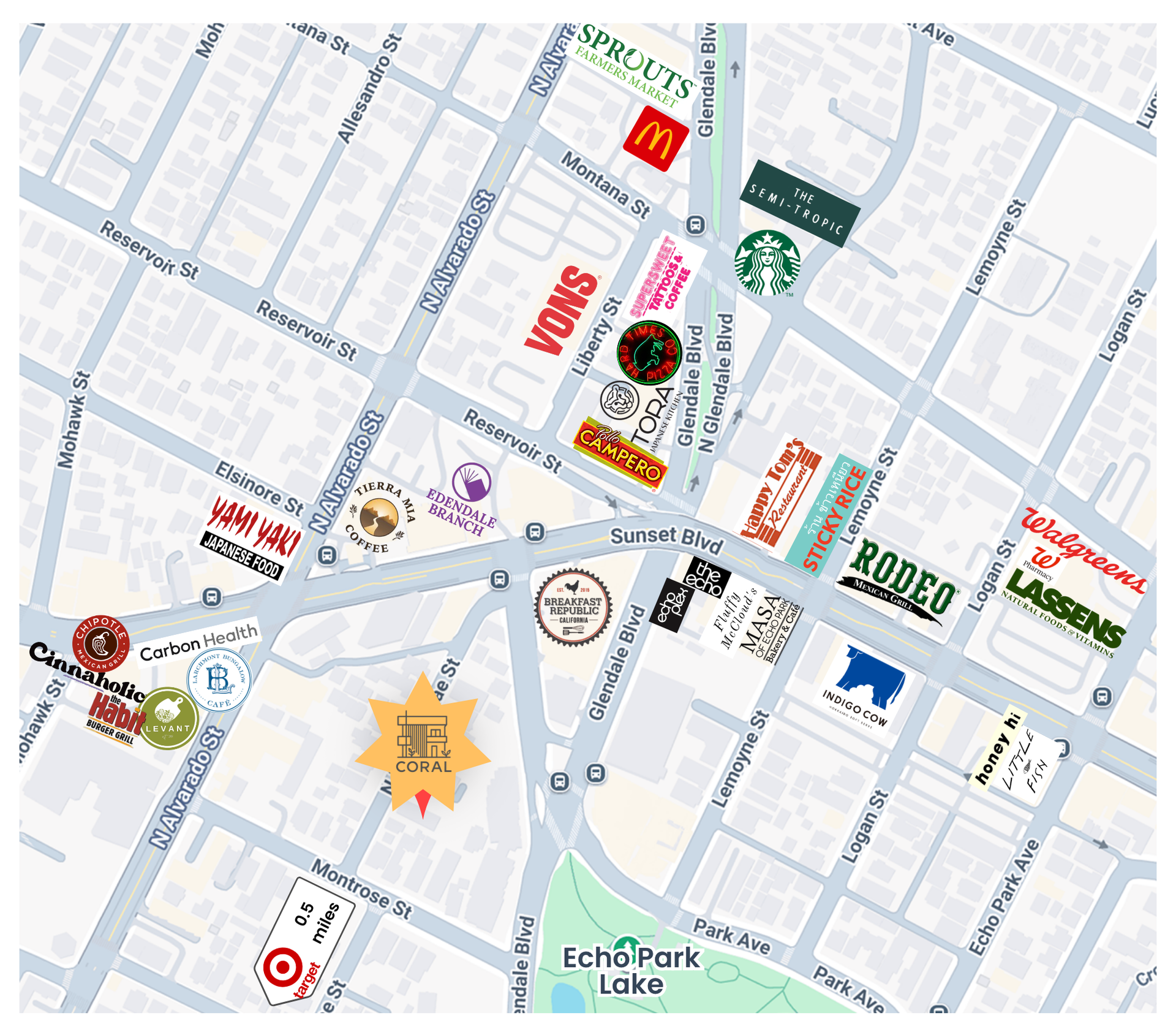 Map showing apartment building location and businesses like Starbucks, McDonalds, Vons, and Target.
