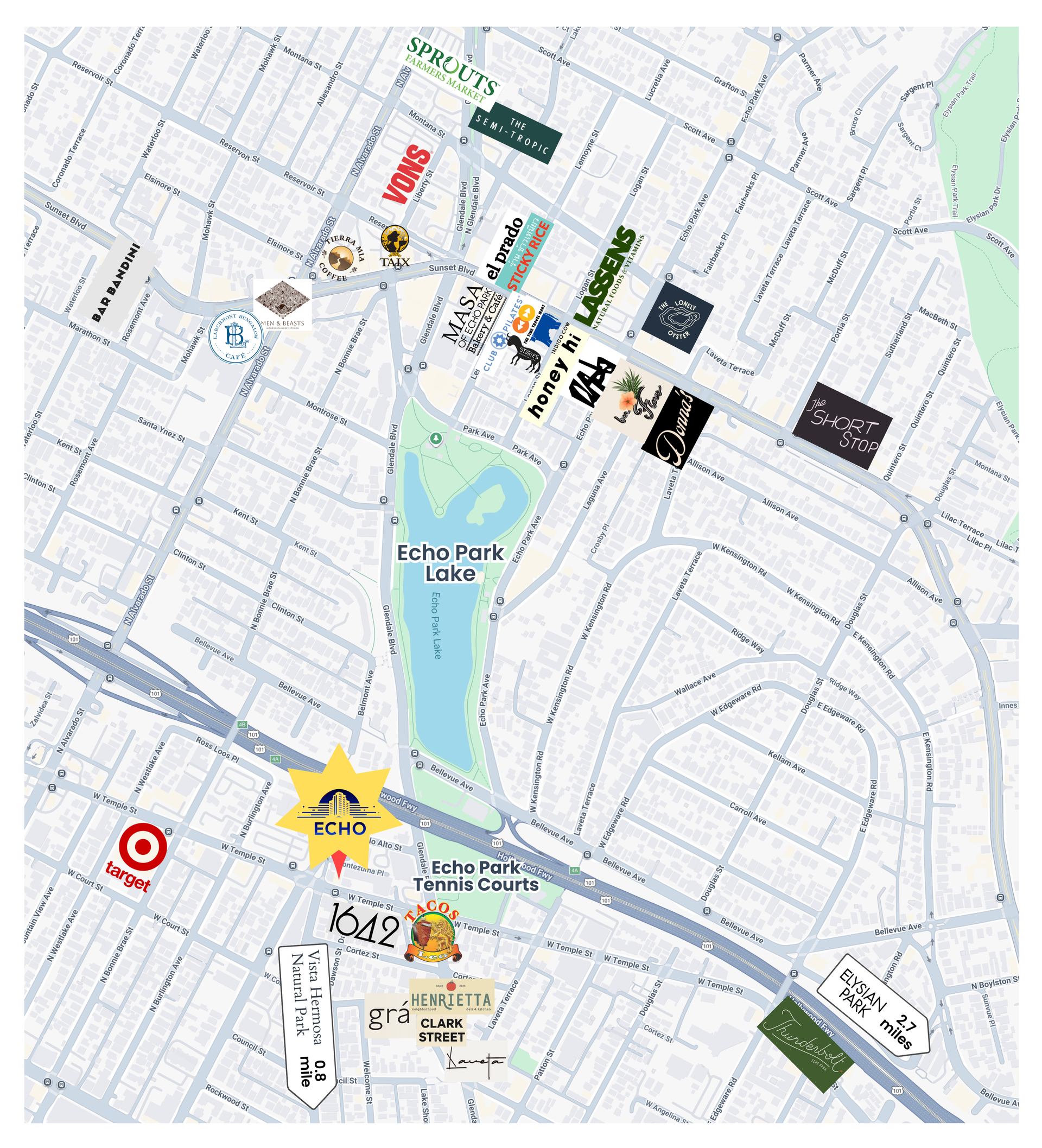 Map of a city area with icons for locations like restaurants, a park, and a Target store.