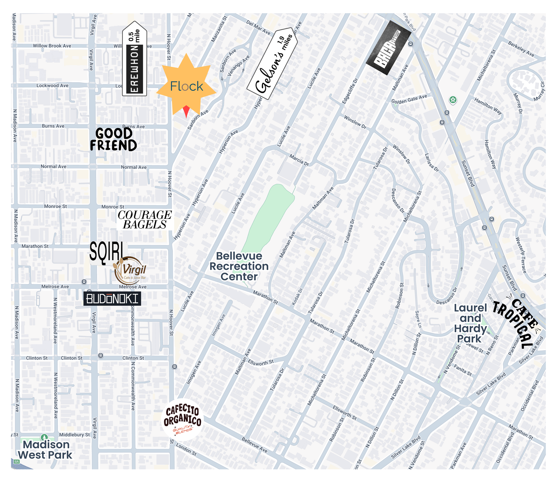 Map with labels indicating locations of businesses and a park.