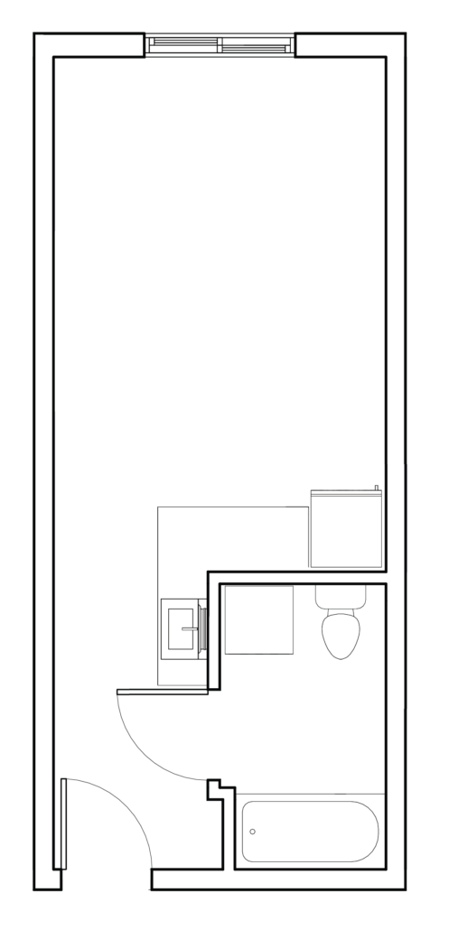 Black-and-white floor plan of a small apartment with one large room and a bathroom area.